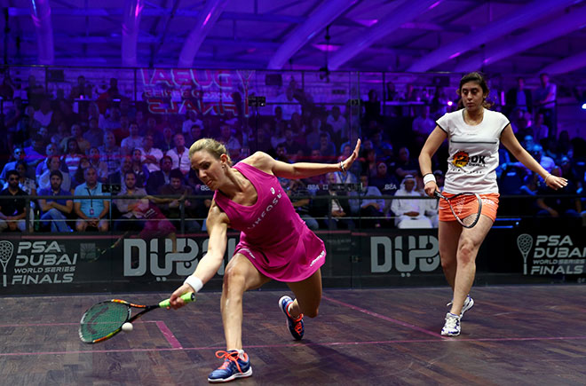 Laura Massaro vs  Nour El Sherbini during their match in the PSA Dubai World Series Finals. (Supplied)