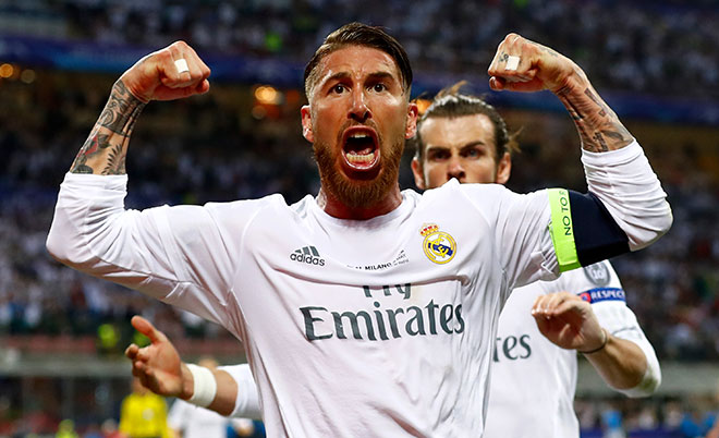 Sergio Ramos of Real Madrid celebrates after scoiring the opening goal during the UEFA Champions League Final match between Real Madrid and Club Atletico de Madrid at Stadio Giuseppe Meazza on May 28, 2016 in Milan, Italy. (Getty Images)