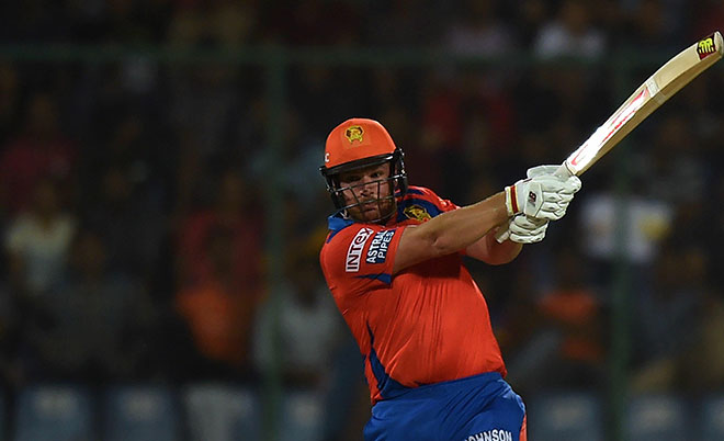 Gujarat Lions Aaron Finch plays a shot during the 2016 Indian Premier League (IPL) Twenty20 qualifier cricket match between Gujarat Lions and Sunrisers Hyderabad at the Feroz Shah Kotla cricket stadium in New Delhi on May 27, 2016. (AFP)