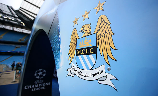 The Manchester City logo is displayed prior to the UEFA Champions League quarter final second leg match between Manchester City FC and Paris Saint-Germain at the Etihad Stadium on April 12, 2016 in Manchester, United Kingdom. (Getty Images)