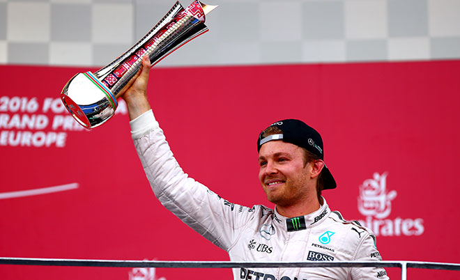 Nico Rosberg of Germany and Mercedes GP celebrates on the podium after winning the European Formula One Grand Prix at Baku City Circuit on June 19, 2016 in Baku, Azerbaijan. (Getty Images)
