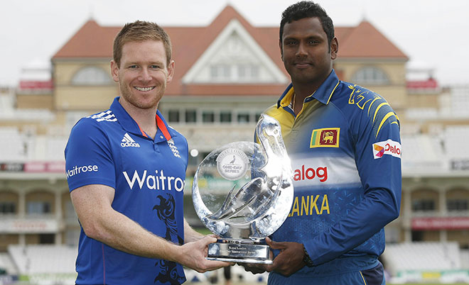 England's Eoin Morgan (left) and Sri Lanka's Angelo Mathews with the Royal London One-Day Series trophy
(Action Images via Reuters)