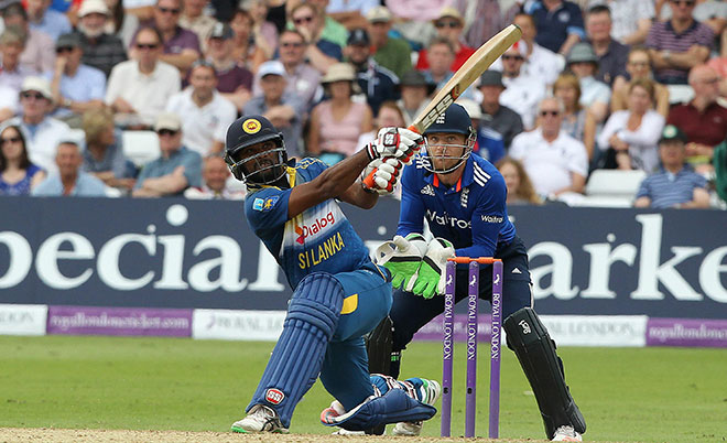 Sri Lanka's Seekkuge Prasanna hits a six during play in the first one day international (ODI) cricket match between England and Sri Lanka at Trent Bridge cricket ground in Nottingham, central England, on June 21, 2016.(AFP)