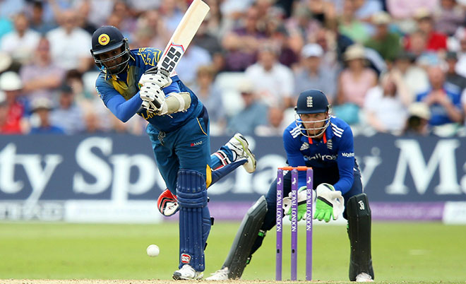 Sri Lanka's Angelo Mathews plays a shot during the first One Day International  between England and Sri Lanka at Trent Bridge, Nottingham England Tuesday June 21, 2016. (AP)