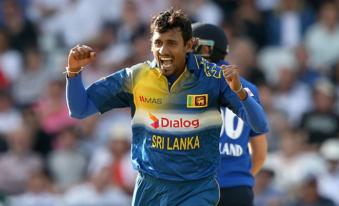 Sri Lanka's Suranga Lakmal celebrates taking the wicket of England's Alex Hales during their first One Day International at Trent Bridge in Nottingham, England, Tuesday June 21, 2016. (AP)