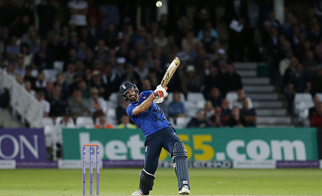 England's Liam Plunkett hits a six from the last ball to draw the match. (Action Images via Reuters)