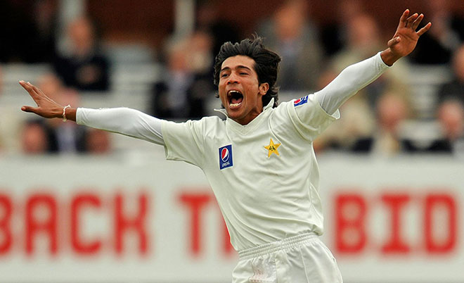 This file photo taken on August 27, 2010 shows Pakistan's Mohammad Amir celebrating taking the wicket of England's Matthew Prior (not pictured) on the second day of the fourth Test cricket match between England and Pakistan at Lord's Cricket Ground in London, England. (AFP)