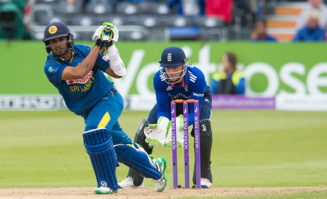 Sri Lanka's Dasun Shanaka plays a shot during play in the third one day international (ODI) cricket match between England and Sri Lanka at Bristol cricket ground in Bristol, south-west England, on June 26, 2016. (AFP)