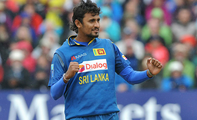 Sri Lanka’s Suraj Lakmal celebrates after bowling England’s Alex Hales caught by Sri Lanka’s Dinesh Chandimal for a duck during the Royal London One Day International Series at the County Ground in Bristol, England, Sunday June 26, 2016. (AFP)