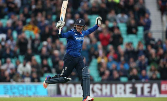 England's Jason Roy celebrates his century. (Action Images via Reuters)