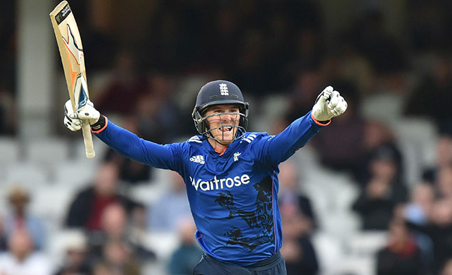 England's Jason Roy celebrates reaching his century during play in the fourth One Day International (ODI) cricket match between England and Sri Lanka at The Oval cricket ground in London on June 29, 2016. (AFP)