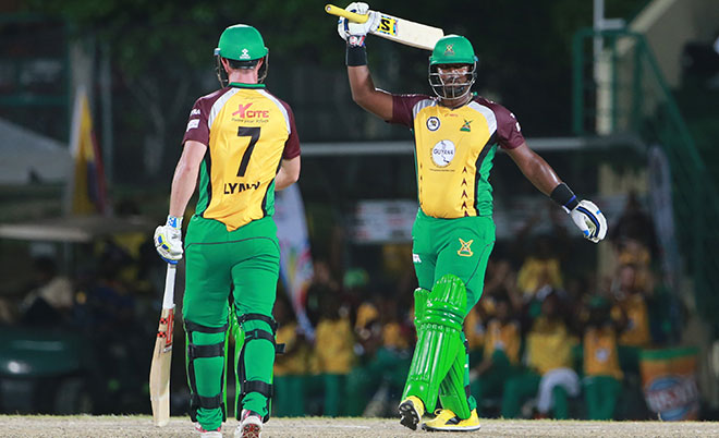 Dwayne Smith of Guyana Amazon Warriors brings up 50 during Match 2 of the Hero Caribbean Premier League between St Kitts & Nevis Patriots and Guyana Amazon Warriors at Warner Park in Basseterre, St Kitts. (CPL/Sportsfile)
