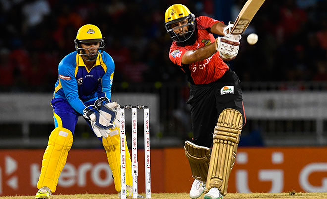 Hashim Amla of Trinbago Knight Riders hits 4 during Match 3 of the Hero Caribbean Premier League between Trinbago Knight Riders and Tridents at Queen's Park Oval in Port of Spain, Trinidad. (CPL/Sportsfile)
