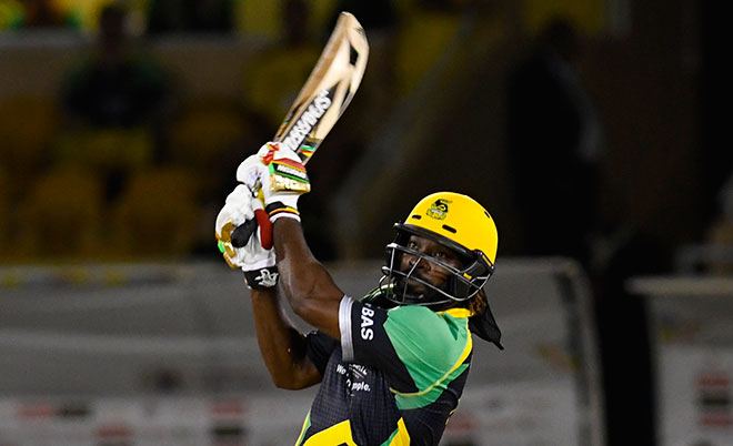 Chris Gayle of Jamaica Tallawahs hits a 6 during Match 7 of the Hero Caribbean Premier League between Trinbago Knight Riders and Jamaica Tallawahs at Queen's Park Oval, in Port of Spain, Trinidad. (CPL/Sportsfile)