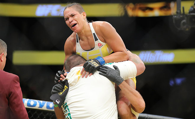 Amanda Nunes celebrates her victory over Miesha Tate during the UFC 200 event at T-Mobile Arena on July 9, 2016 in Las Vegas, Nevada.  (AFP)
