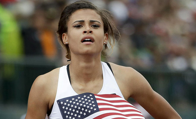 Sydney McLaughlin reacts to her third place finish in the finals of the women's 400-meter hurdles at the U.S. Olympic Track and Field Trials, Sunday, July 10, 2016, in Eugene Ore.  (AP)