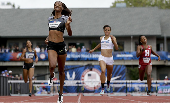 Dalilah Muhammad wins in the finals of the women's 400-meter hurdles at the U.S. Olympic Track and Field Trials, Sunday, July 10, 2016, in Eugene Ore. (AP)