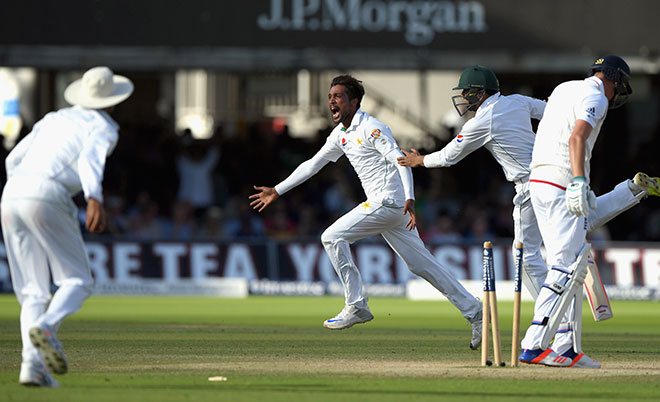 Pakistan bowler Mohammad Amir celebrates after bowling Jake Ball to win the match by 75 runs during day four of the 1st Investec Test match between England and Pakistan at Lord's Cricket Ground on July 17, 2016 in London, England. (Getty Images)
