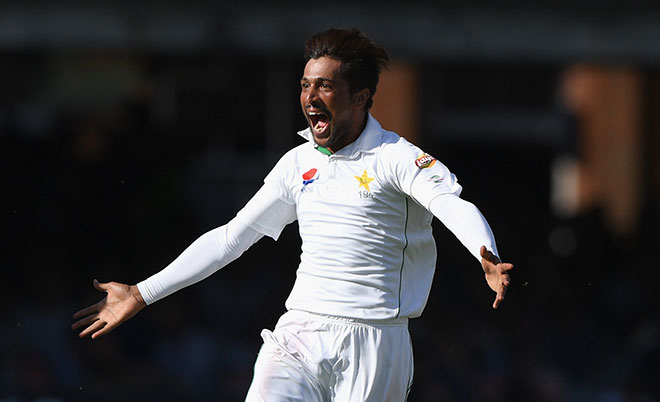 Pakistan bowler Mohammad Amir celebrates after bowling Stuart Broad during day four of the 1st Investec Test match between England and Pakistan at Lord's Cricket Ground on July 17, 2016 in London, England. (Getty Images)