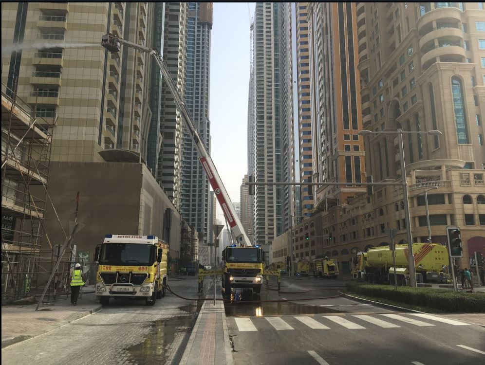 Dubai firefighters put out Sulafa Tower fire; no injuries reported. (Image courtesy Dubai Media Office)