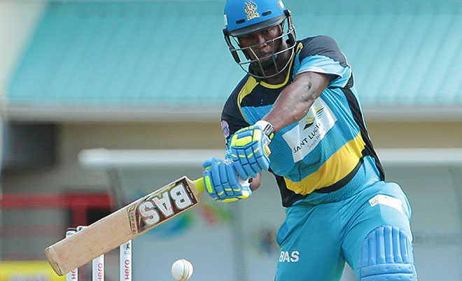 Zouks batsman Johnson Charles keeps his eyes on the ball during Match 22 of the Hero Caribbean Premier League St Lucia Zouks v Barbados Tridents at the Daren Sammy Cricket Stadium in Gros Islet, St Lucia. (CPL/Sportsfile)