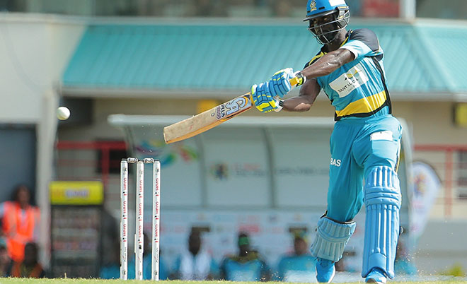 Zouks batsman Andre Fletcher on the attack en route to 45 during Match 22 of the Hero Caribbean Premier League St Lucia Zouks v Barbados Tridents at the Daren Sammy Cricket Stadium in Gros Islet, St Lucia. (CPL/Sportsfile)