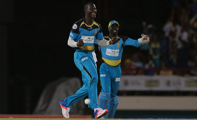 St Lucia Zouks captain Daren Sammy and Andre Fletcher celebrate the wicket of Brendon McCullum during the Hero Caribbean Premier League (CPL) Match 24 between St Lucia Zouks and Trinbago Knight Riders at the Daren Sammy Cricket Stadium in Gros Islet, St Lucia. (CPL/Sportsfile)