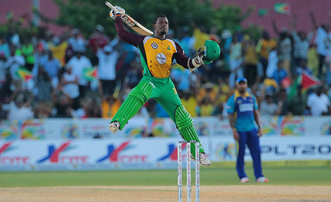Jason Mohammed of Guyana Amazon Warriors leaps in celebration as his 57 runs leads Guyana to victory during the Hero Caribbean Premier League (CPL) Match 28 between Barbados Tridents and Guyana Amazon Warriors at Central Broward Stadium in Fort Lauderdale, Florida, USA. (CPL/Sportsfile)