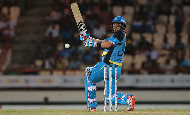 St Lucia Zouks Shane Watson hits four during the Hero Caribbean Premier League (CPL) Match 24 between St Lucia Zouks and Trinbago Knight Riders at the Daren Sammy Cricket Stadium in Gros Islet, St Lucia. (CPL/Sportsfile)