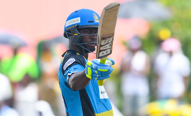 Johnson Charles of St Lucia Zouks celebrates his half century during Match 27 of the Hero Caribbean Premier League match between St Lucia Zouks and Jamaica Tallawahs at Central Broward Stadium in Lauderhill, Florida, United States of America. (CPL/Sportsfile)