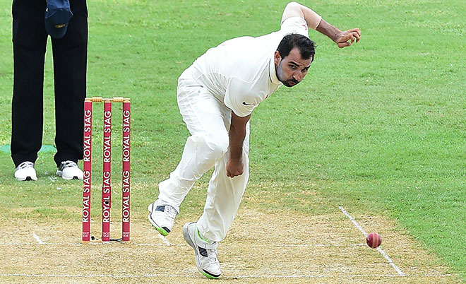 Mohammed Shami of India bowls to Marlon Sammuels of the West Indies in the 11th over on July 30, 2016 in Kingston, Jamaica on the first day of the 2nd Test between India and the West Indies. (AFP)