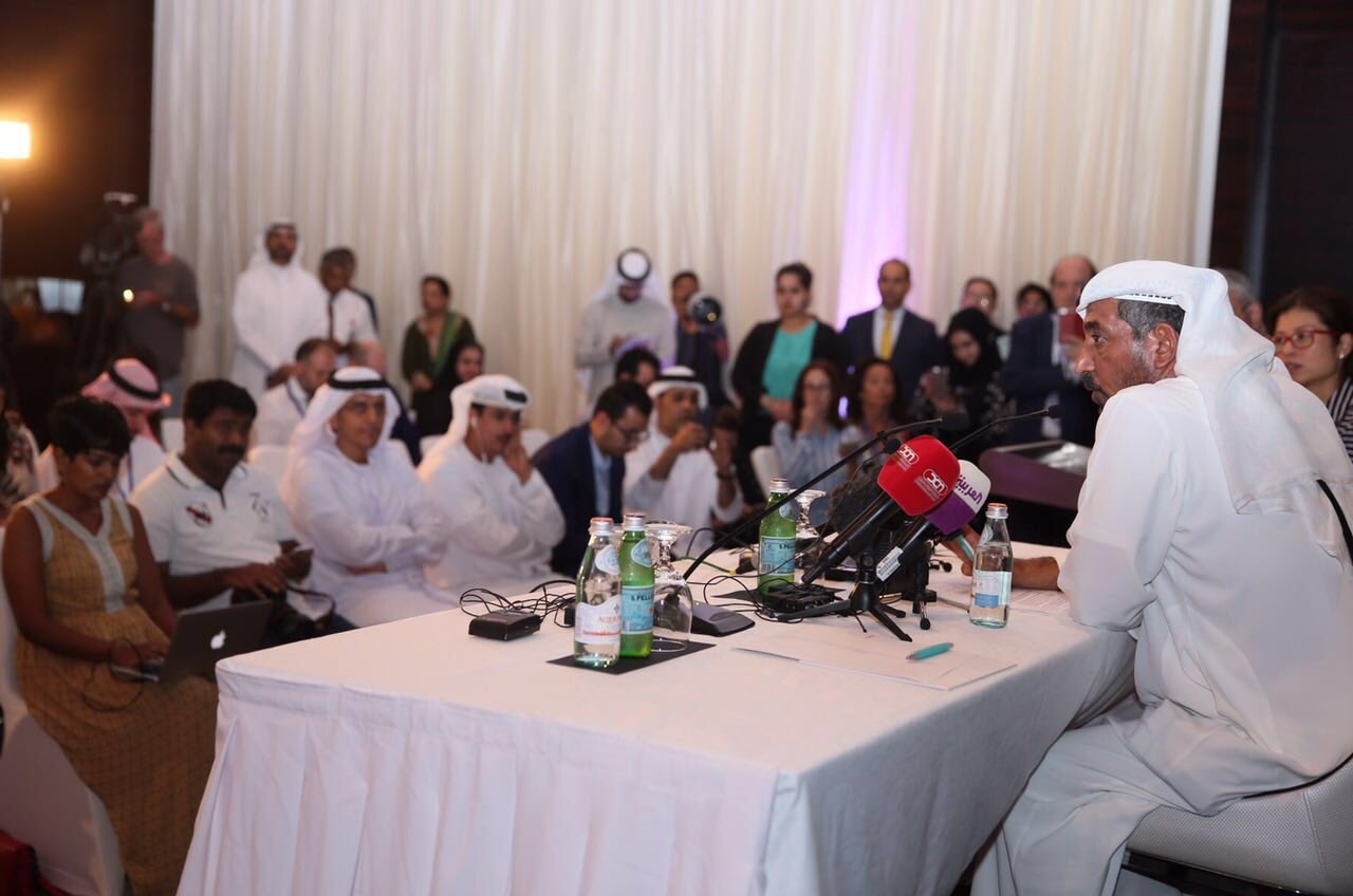Sheikh Ahmed addressing the press conference at the Le Meridien Airport Hotel (DMO)