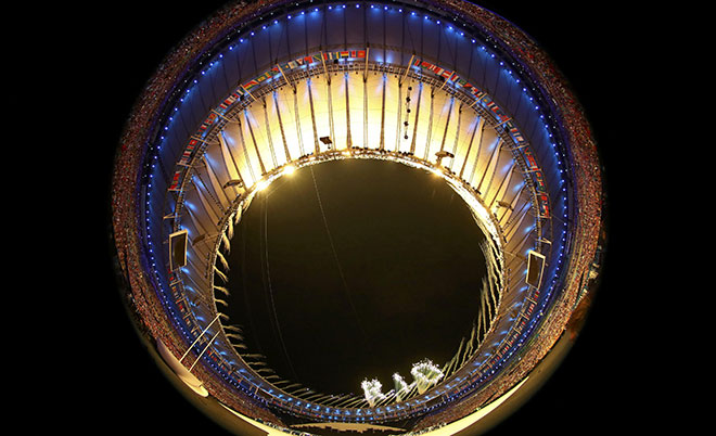 Fireworks are seen during the opening ceremony. Picture taken with a fisheye lens. (Reuters)