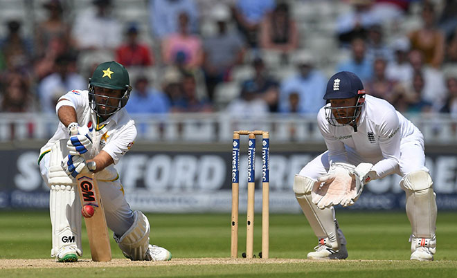 Pakistan's Sami Aslam blocks as England's Jonny Bairstow keeps wicket during play on the final day of the third test cricket match between England and Pakistan at Edgbaston in Birmingham, on August 7, 2016.  (AFP)