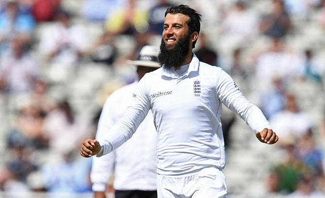 England's Moeen Ali celebrates after taking the wicket of Pakistan's Azhar Ali during play on the final day of the third test cricket match between England and Pakistan at Edgbaston in Birmingham, on August 7, 2016. (AFP)