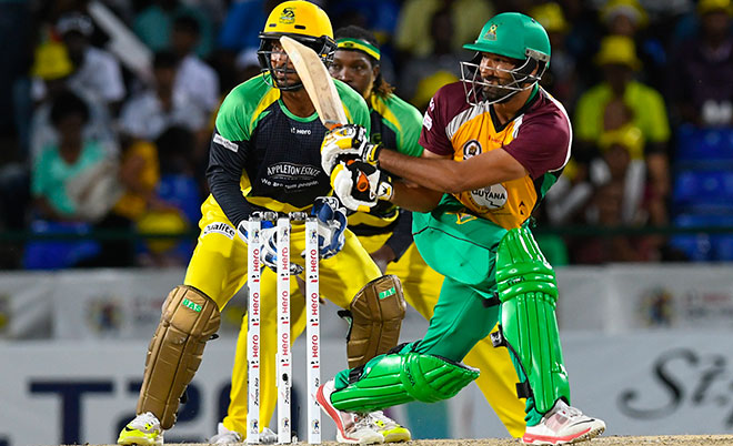 Sohail Tanvir of Guyana Amazon Warriors hits 4 during Match 34 of the Hero Caribbean Premier League (CPL) &ndash; Final at Warner Park in Basseterre, St Kitts. (CPL/Sportsfile)