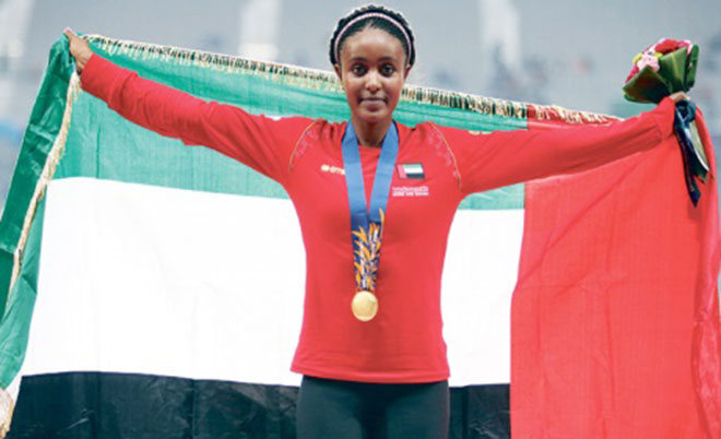 Alia Mohammed Saeed Mohammed of UAE celebrates claiming the Gold medal in the Women's 10,000m Final of the 2014 Asian Games at Incheon Asiad Main Stadium on September 27, 2014 in Incheon, South Korea. (File)