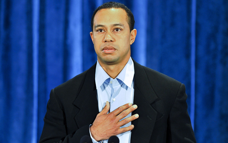 Tiger Woods makes a statement from the Sunset Room on the second floor of the TPC Sawgrass, home of the PGA Tour on February 19, 2010 in Ponte Vedra Beach, Florida. Woods publicly admitted to cheating on his wife Elin Nordegren but maintained that the issues remain "a matter between a husband and a wife." (GETTY IMAGES)