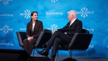 Photo: Mariam Almheiri delivers keynote to Artic Circle Assembly